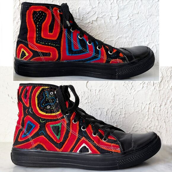 Jaypa High Top Sneaker Abstract Design Red Canvas/Black Leather-Women's Size 8.5 - Picture 1 of 8